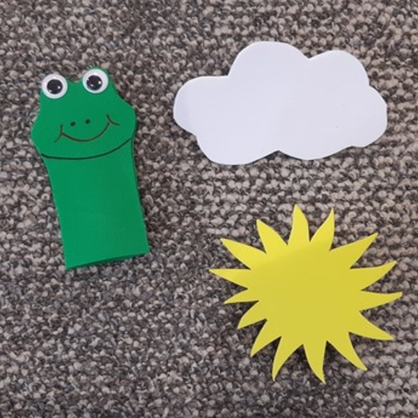 Frosch-Fingerspiel / @ Spiegel OÖ Fingerpuppe grüner Frosch, Wolke und sonne